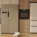 Modern Kitchen Interior With Sideboard Refrigerator Oven And Wooden Cabinets