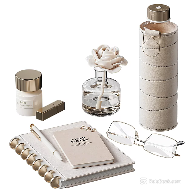 Minimalist Decorative Ornament Set With White Flower Clear Glass Vase Storage Case Notebook And Eyeglasses 3d model 
