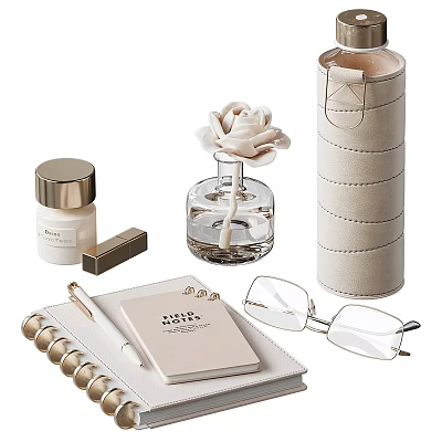 Minimalist Decorative Ornament Set With White Flower Clear Glass Vase Storage Case Notebook And Eyeglasses 3d model
