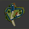 Cartoon Scene of Floating Island with Castle Towers Green Trees and Pathway