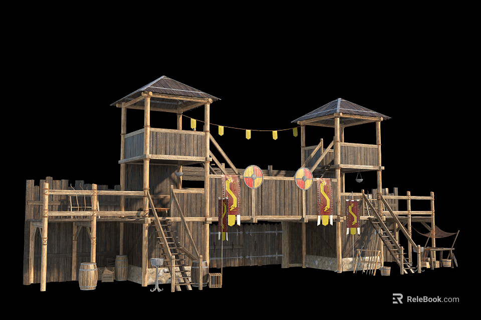 Traditional Wooden Tower Structure With Dual Watchtowers Stairs Yellow Flags And Barrels 3d model 