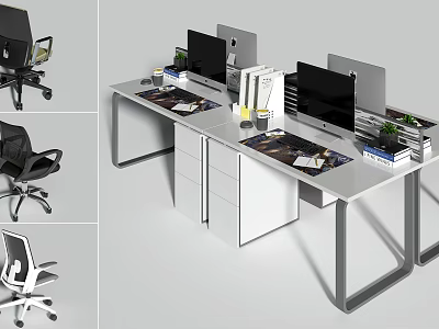 Modern Office Desk With Dual Monitors Drawers Office Chair And Green Plant 3d model