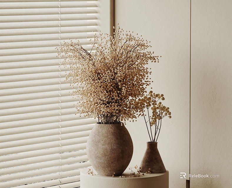 Dried Flowers Arrangement in Large Gray and Small Brown Vases by Window Blinds 3d model 