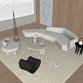Modern Minimalist Sofa and Coffee Table Set with White Upholstery Round Table and Area Rug