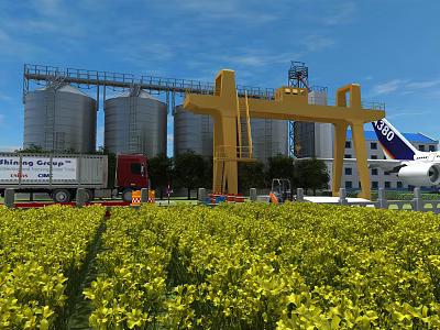 Industrial Plant With Silos Yellow Gantry Crane Truck And Yellow Flowers Field Under Blue Sky 3d model