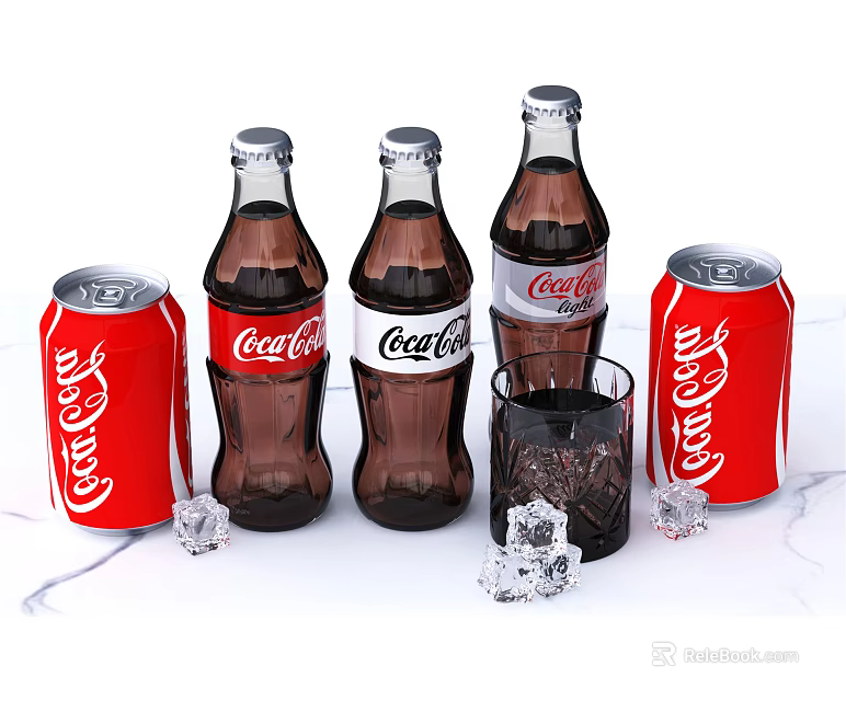 Coca-Cola Bottles And Cans With Ice Cubes And Glass On White Marble Surface 3d model 