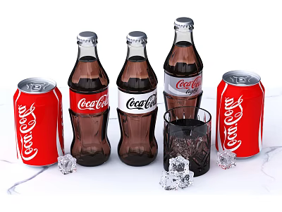Coca-Cola Bottles And Cans With Ice Cubes And Glass On White Marble Surface 3d model