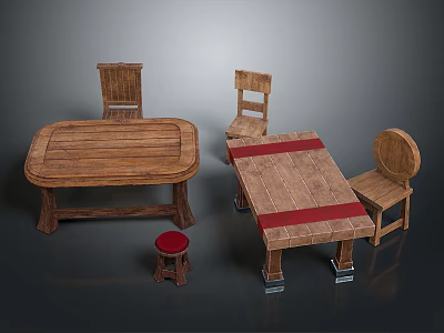Rustic Wooden Furniture Set With Tables Chairs And Red Stool Design 3d model