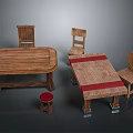 Rustic Wooden Furniture Set With Tables Chairs And Red Stool Design