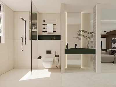 Modern Bathroom Interior Design with Open Layout White Tiles Green Countertop and Mirror Plant 3d model