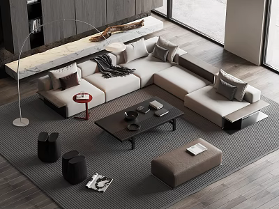 Modern Living Room Interior With L shaped Sofa Coffee Table Set Throw Pillows And Ottoman 3d model