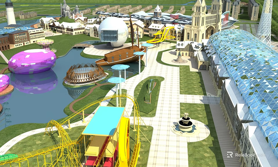 Amusement Park with Roller Coaster Lake Colorful Buildings and Fountain 3d model 
