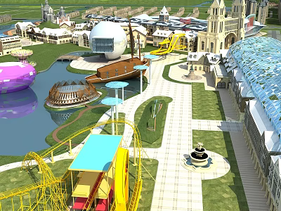 Amusement Park with Roller Coaster Lake Colorful Buildings and Fountain 3d model