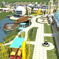 Amusement Park with Roller Coaster Lake Colorful Buildings and Fountain