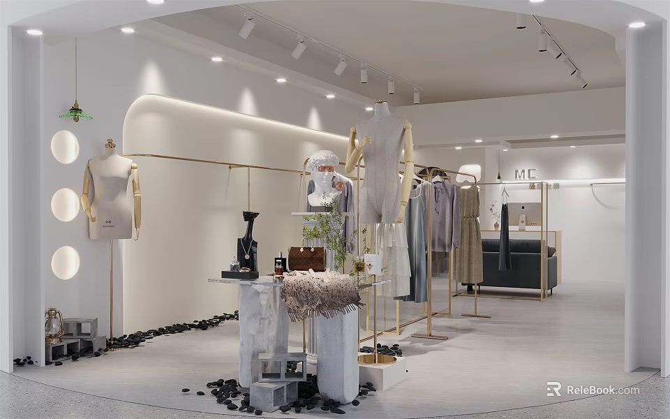 Modern Clothing Store Interior Design With Mannequins Clothing Racks And Apparel 3d model 