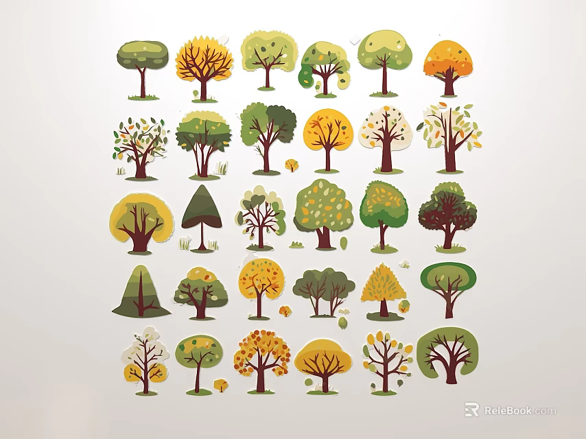 Floral Art Installation with Various Tree Illustrations and Colorful Leaves as Decorative Patterns 3d model 