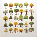 Floral Art Installation with Various Tree Illustrations and Colorful Leaves as Decorative Patterns