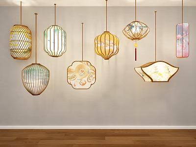 Traditional Chinese Style Lantern Chandeliers With Various Designs In Interior Wooden Floor And Light Wall 3d model