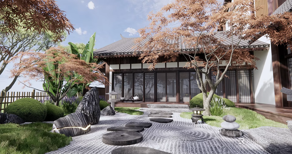Karesansui Dry Landscape Garden with Traditional Japanese Architecture Rocks Gravel Stepping Stones and Trees 3d model 