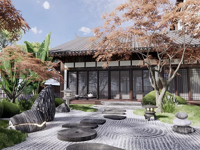 Karesansui Dry Landscape Garden with Traditional Japanese Architecture Rocks Gravel Stepping Stones and Trees 3d model