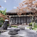 Karesansui Dry Landscape Garden with Traditional Japanese Architecture Rocks Gravel Stepping Stones and Trees