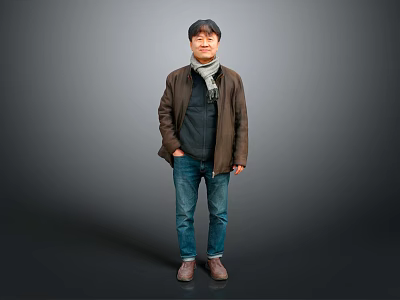 Man Standing Wearing Brown Coat Gray Scarf Blue Jeans and Brown Shoes Against Gray Background 3d model