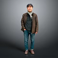 Man Standing Wearing Brown Coat Gray Scarf Blue Jeans and Brown Shoes Against Gray Background