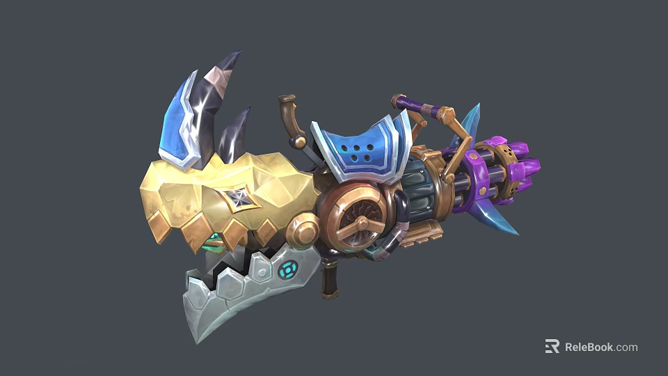 Intricate Fantasy Mechanical Weapon With Blue Purple Accents Golden Details And Sharp Edges 3d model 