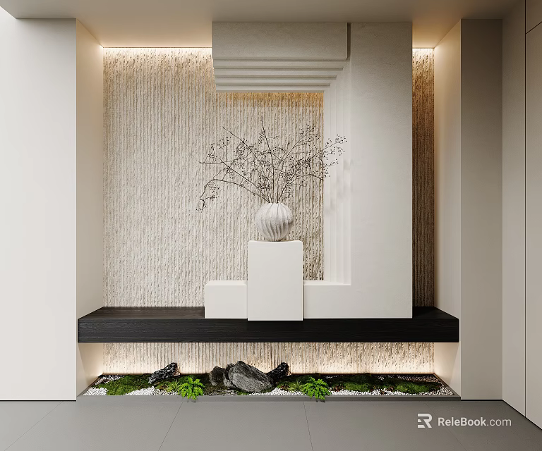 Modern Entryway Hallway With Vertical Stripe Wall White Vase Black Bench Water Feature Green Plants 3d model 