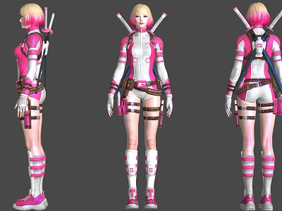 Video Game Film Character Female Pink White Outfit Weapons Three Angles 3d model