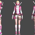 Video Game Film Character Female Pink White Outfit Weapons Three Angles