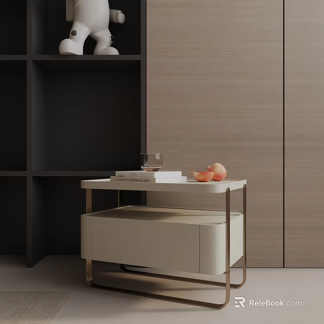 Modern Side Table With White Tabletop Gold Metal Frame Drawer Books Glass And Peaches 3d model 
