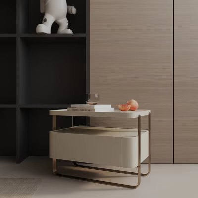 Modern Side Table With White Tabletop Gold Metal Frame Drawer Books Glass And Peaches 3d model