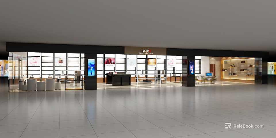 Modern Bright Specialty Store Interior With Glass Display Windows Counter And Product Displays 3d model 