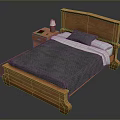 Solid Wooden Bed With Gray Quilt White Pillows And Red Nightstand With Lamp