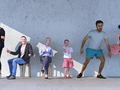 Group of People Sitting Standing Against Gray Wall on Light Floor With Child Pom Poms 3d model