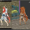 Anime Style Game Character With Pink Red Long Hair Blue White Outfit And Stone Wall