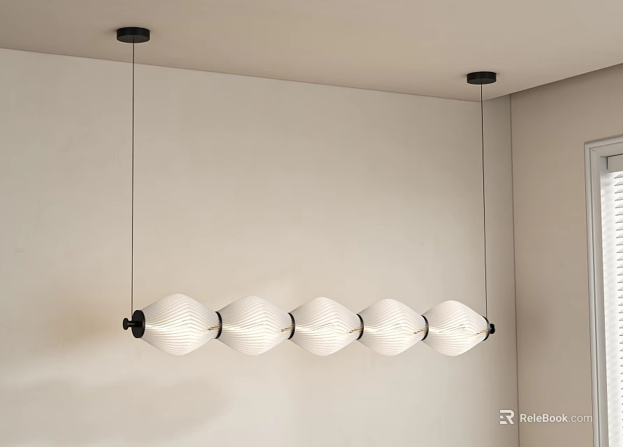 Modern Linear Pendant Light With Five White Textured Globes Hanging In Interior Space 3d model