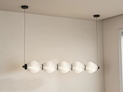 Modern Linear Pendant Light With Five White Textured Globes Hanging In Interior Space 3d model