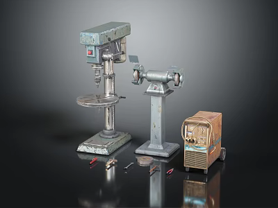 Industrial Drill Press Bench Grinder And Tool Cabinet Displayed With Hand Tools 3d model
