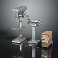 Industrial Drill Press Bench Grinder And Tool Cabinet Displayed With Hand Tools 3d model
