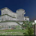 Modern Detached Villa with Curved Glass Facade Multi Storey Structure Balconies Greenery and Sunset View