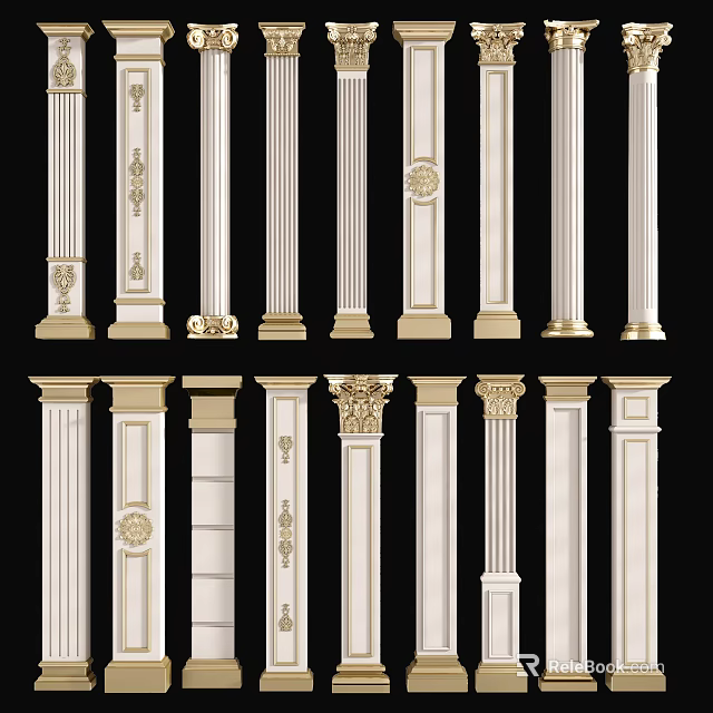 Roman Columns With Different Classical Designs Ornate Details And White Gold Accents 3d model 
