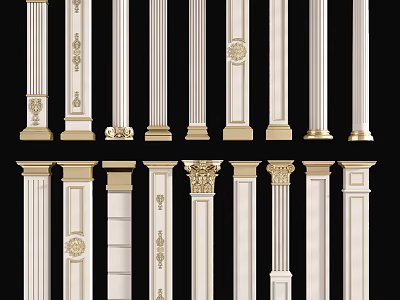 Roman Columns With Different Classical Designs Ornate Details And White Gold Accents 3d model