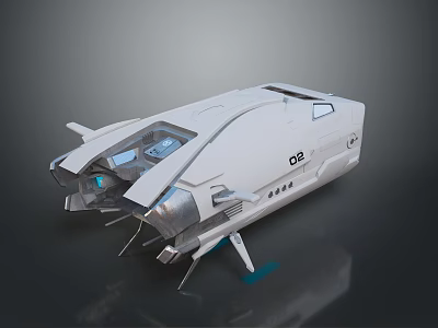 Futuristic White Damaged Spaceship With OP Logo Blue Lights Broken Structure And Windows 3d model