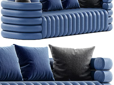 Modern Blue Velvet Sectional Sofa With Ribbed Design And Blue Gray Cushions 3d model
