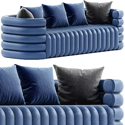 Modern Blue Velvet Sectional Sofa With Ribbed Design And Blue Gray Cushions 3d model