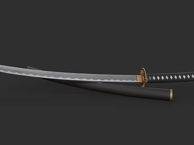 Traditional Japanese Katana Weapon With Sharp Wavy Blade And Golden Fittings Sheath 3d model