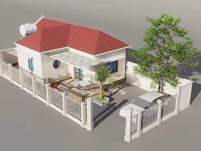 White Single Story House With Red Roof Porch Fence Gate And Front Tree 3d model