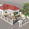 White Single Story House With Red Roof Porch Fence Gate And Front Tree